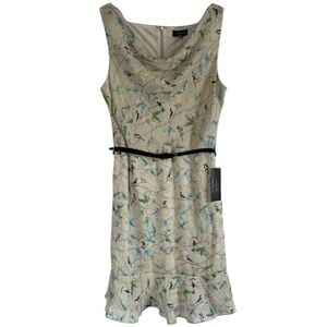 NWT THE LIMITED | Bird Leaf Print Tan Sleeveless Belted Fit & Flare Peplum Dress